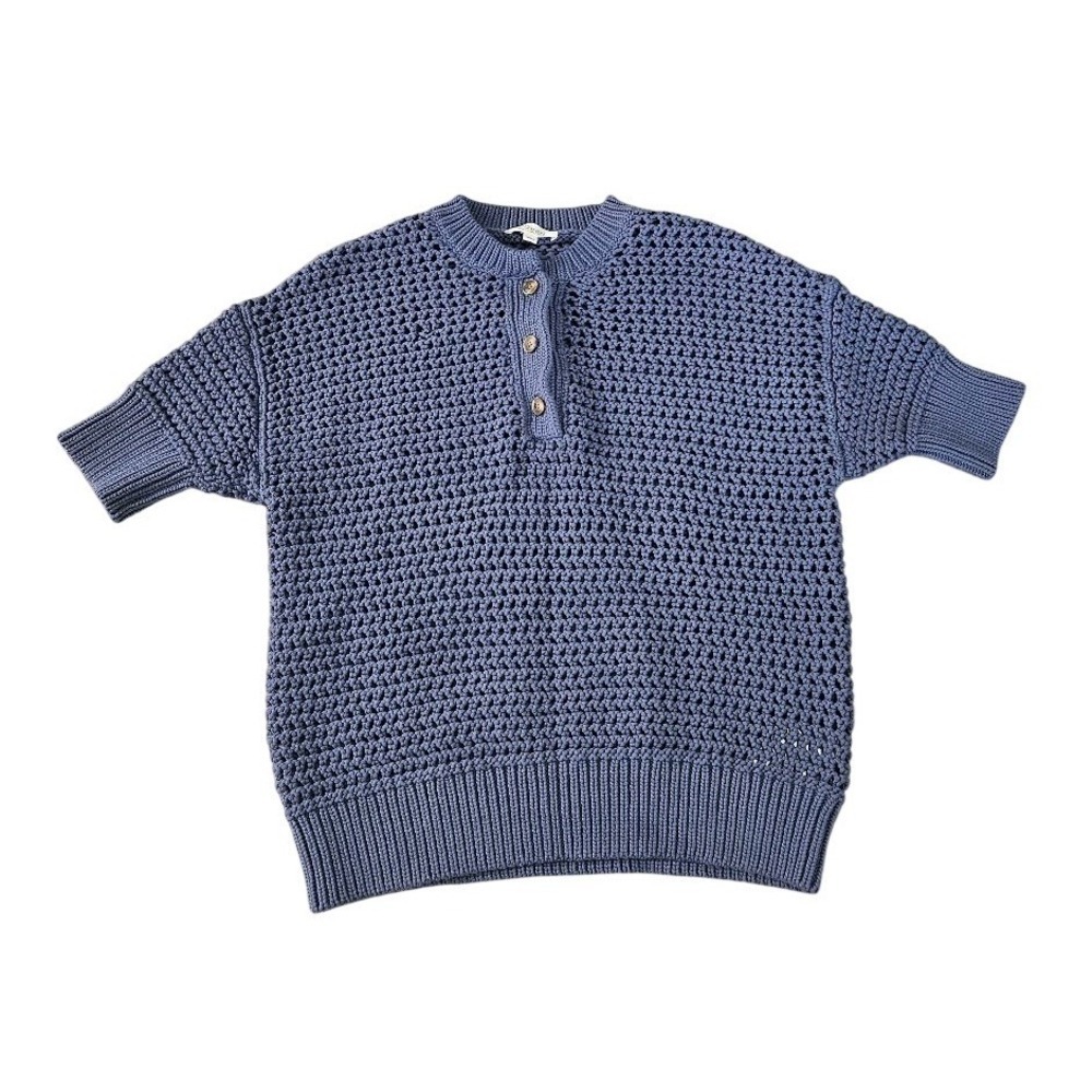 Haven Well Within Sweater Small Blue Crochet Open Knit Henley Short Sleeve